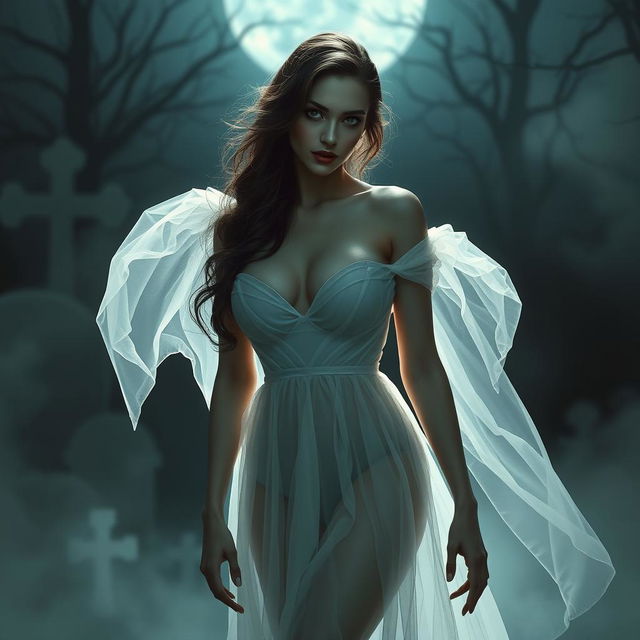 A seductive and alluring ghostly figure, featuring an ethereal woman with large breasts, dressed in a delicate and transparent gown that flows elegantly around her