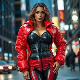 A stunning woman in a tight, shiny red and black puffer suit that highlights her voluptuous curves and large breasts