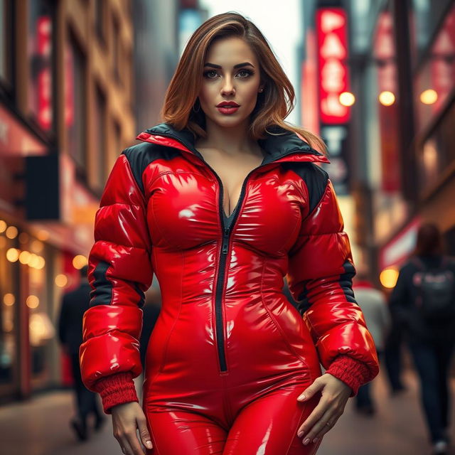 A stunning woman in a tight, shiny red and black puffer suit that highlights her voluptuous curves and large breasts