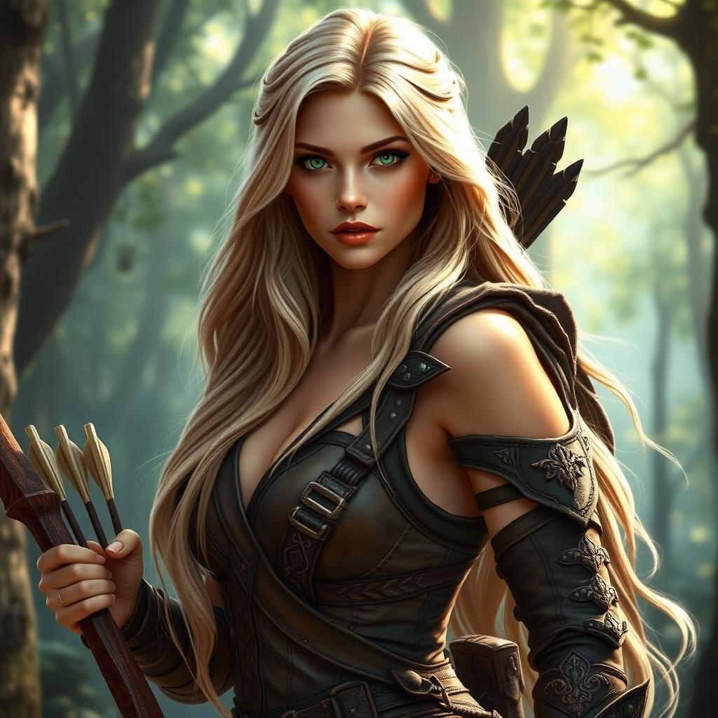 A beautiful fantasy woman hunter with long flowing blonde hair and striking green eyes, dressed in intricate leather armor adorned with nature-themed embellishments