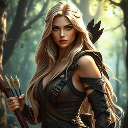 A beautiful fantasy woman hunter with long flowing blonde hair and striking green eyes, dressed in intricate leather armor adorned with nature-themed embellishments