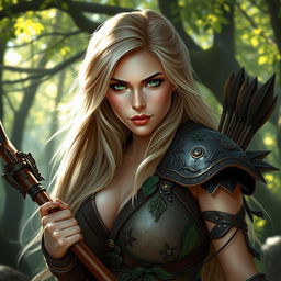 A beautiful fantasy woman hunter with long flowing blonde hair and striking green eyes, dressed in intricate leather armor adorned with nature-themed embellishments