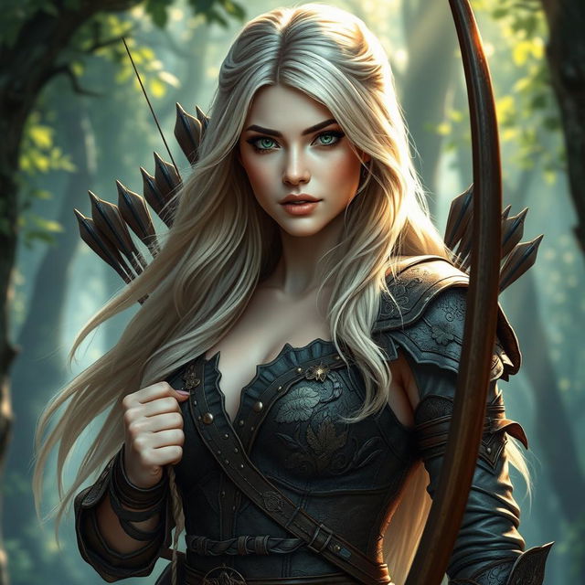 A beautiful fantasy woman hunter with long flowing blonde hair and striking green eyes, dressed in intricate leather armor adorned with nature-themed embellishments