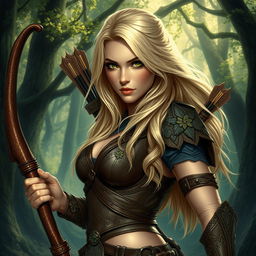 A beautiful fantasy woman hunter with long flowing blonde hair and striking green eyes, dressed in intricate leather armor adorned with nature-themed embellishments