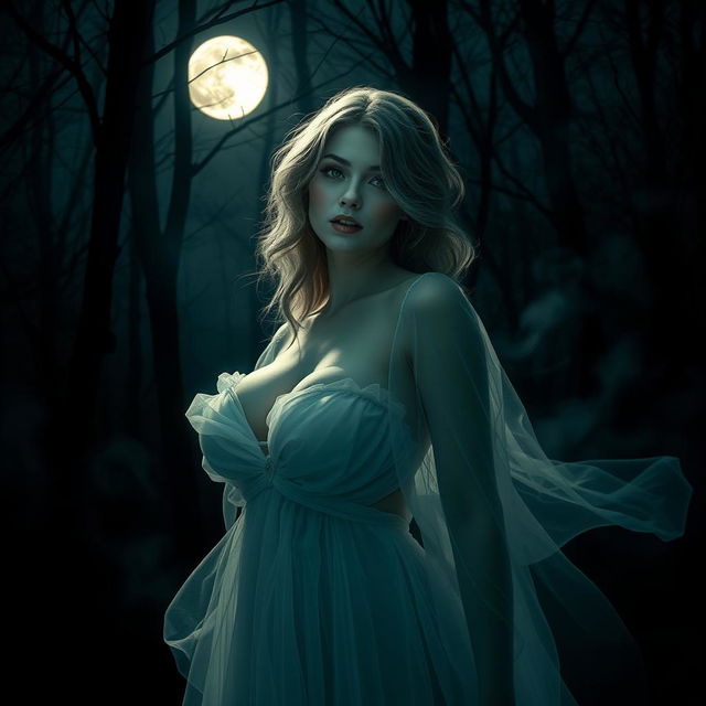 A captivating and seductive ghostly figure, featuring an enchanting woman with large breasts, dressed in a flowing and translucent gown that billows softly around her