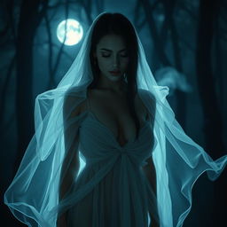 A captivating and seductive ghostly figure, featuring an enchanting woman with large breasts, dressed in a flowing and translucent gown that billows softly around her