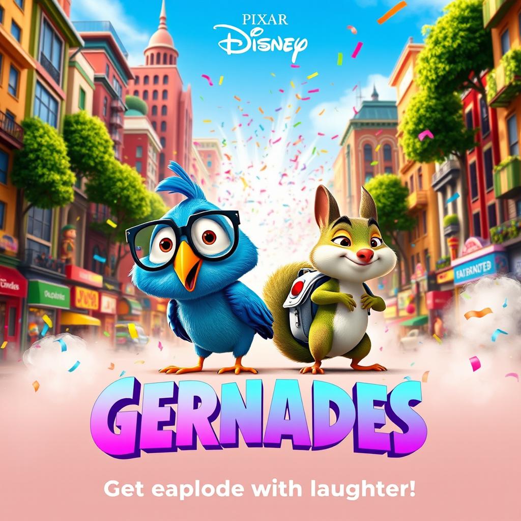 A whimsical Pixar Disney movie poster titled 'Gernades', featuring vibrant cartoonish characters in an explosive comedy adventure