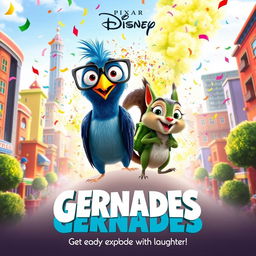 A whimsical Pixar Disney movie poster titled 'Gernades', featuring vibrant cartoonish characters in an explosive comedy adventure