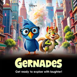 A whimsical Pixar Disney movie poster titled 'Gernades', featuring vibrant cartoonish characters in an explosive comedy adventure