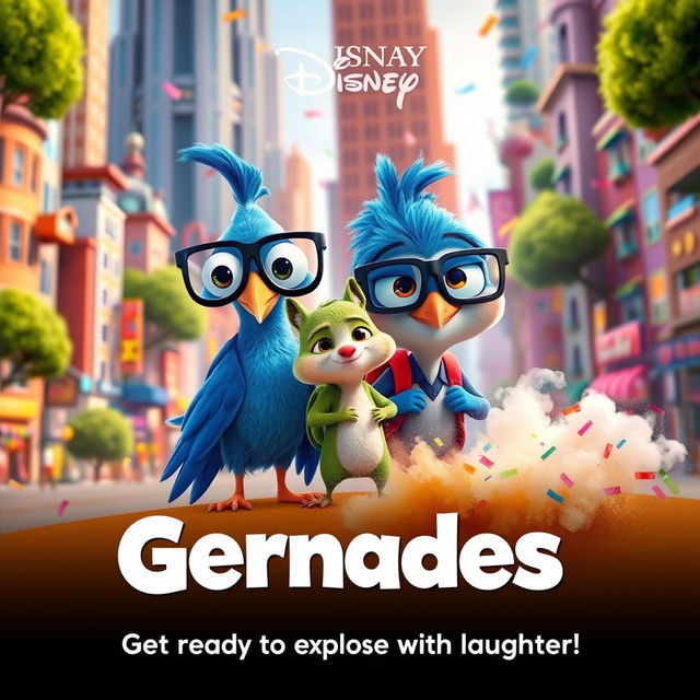 A whimsical Pixar Disney movie poster titled 'Gernades', featuring vibrant cartoonish characters in an explosive comedy adventure