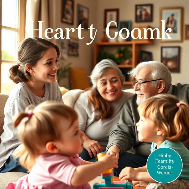 A heartwarming book cover featuring a teenage girl looking affectionately at her grandparents, who are seated nearby