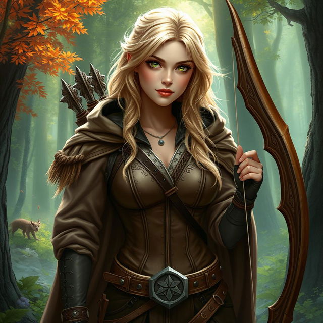 A fantasy scene depicting a beautiful woman hunter with striking blonde hair and captivating green eyes