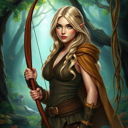 A fantasy scene depicting a beautiful woman hunter with striking blonde hair and captivating green eyes