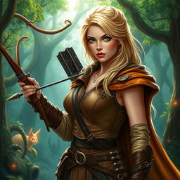 A fantasy scene depicting a beautiful woman hunter with striking blonde hair and captivating green eyes