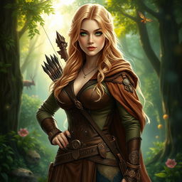 A fantasy scene depicting a beautiful woman hunter with striking blonde hair and captivating green eyes