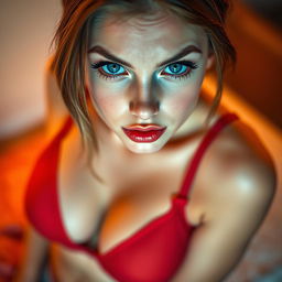 An attractive 20-year-old woman with a provocative expression, large breasts, and striking blue eyes