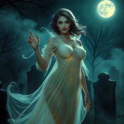 A glamorous and alluring ghostly figure, showcasing an enchanting woman with large breasts, adorned in a sheer, flowing gown that shimmers with an ethereal glow