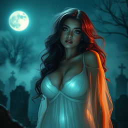 A glamorous and alluring ghostly figure, showcasing an enchanting woman with large breasts, adorned in a sheer, flowing gown that shimmers with an ethereal glow