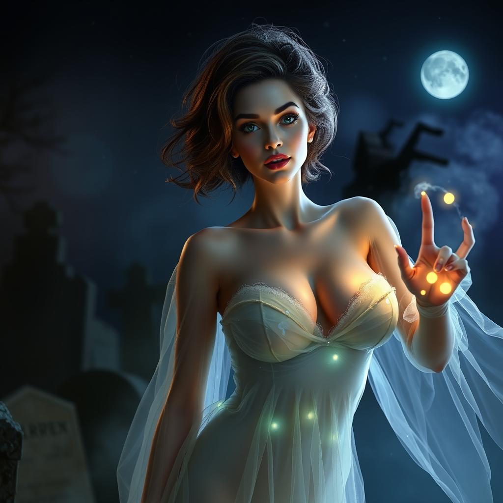 A glamorous and alluring ghostly figure, showcasing an enchanting woman with large breasts, adorned in a sheer, flowing gown that shimmers with an ethereal glow