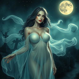 A glamorous and alluring ghostly figure, showcasing an enchanting woman with large breasts, adorned in a sheer, flowing gown that shimmers with an ethereal glow