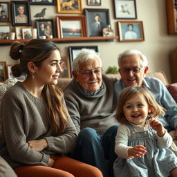 A poignant and nostalgic scene depicting a teenage girl gazing thoughtfully at her grandparents, conveying a sense of reminiscence