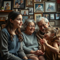 A poignant and nostalgic scene depicting a teenage girl gazing thoughtfully at her grandparents, conveying a sense of reminiscence