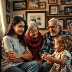 A poignant and nostalgic scene depicting a teenage girl gazing thoughtfully at her grandparents, conveying a sense of reminiscence