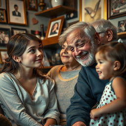 A poignant and nostalgic scene depicting a teenage girl gazing thoughtfully at her grandparents, conveying a sense of reminiscence