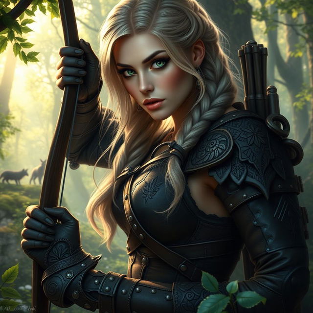 A stunning fantasy scene depicting a beautiful woman hunter, showcasing her curvy body