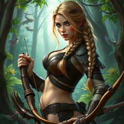 A stunning fantasy scene depicting a beautiful woman hunter, showcasing her curvy body