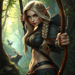 A stunning fantasy scene depicting a beautiful woman hunter, showcasing her curvy body