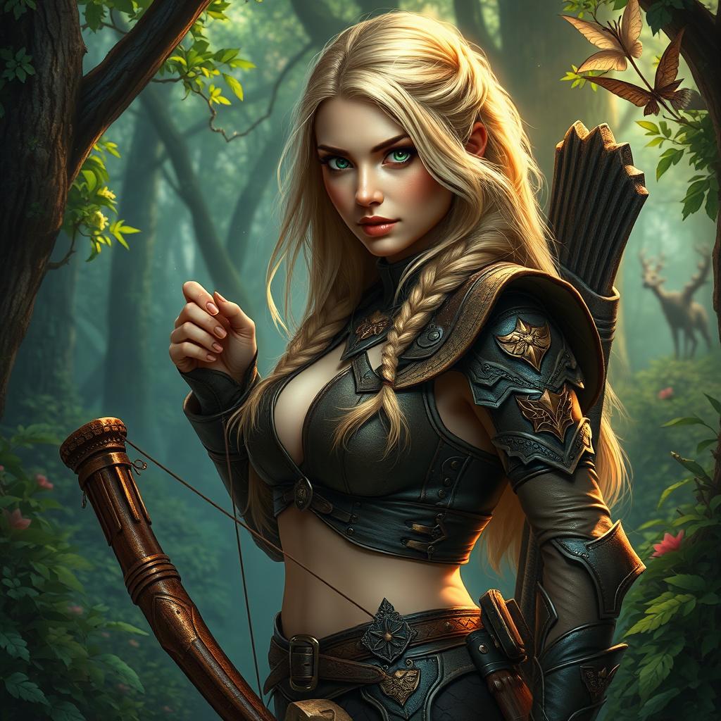 A stunning fantasy scene depicting a beautiful woman hunter, showcasing her curvy body