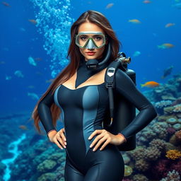 A 20-year-old woman dressed in a sexy scuba diving outfit, featuring a sleek, form-fitting wetsuit that highlights her curves