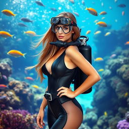 A 20-year-old woman dressed in a sexy scuba diving outfit, featuring a sleek, form-fitting wetsuit that highlights her curves