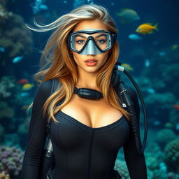 A 20-year-old woman dressed in a sexy scuba diving outfit, featuring a sleek, form-fitting wetsuit that highlights her curves