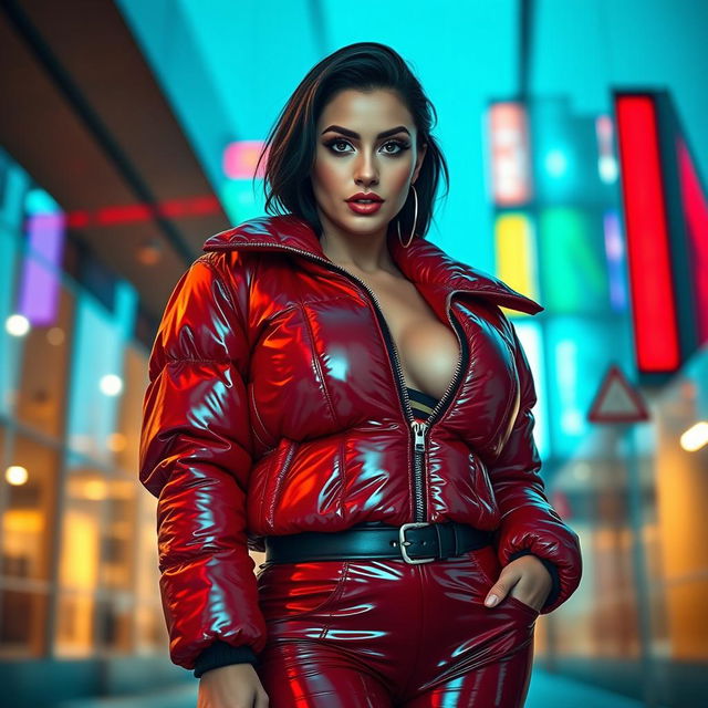 A sultry woman in a tight, shiny red and black puffer suit that accentuates her voluptuous curves and large breasts