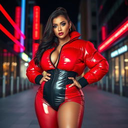 A sultry woman in a tight, shiny red and black puffer suit that accentuates her voluptuous curves and large breasts