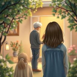 A charming book cover illustrating a teenage girl standing at a distance, gazing nostalgically towards her grandparents who are engaged with a little girl