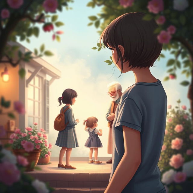 A charming book cover illustrating a teenage girl standing at a distance, gazing nostalgically towards her grandparents who are engaged with a little girl