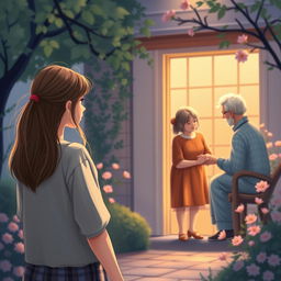 A charming book cover illustrating a teenage girl standing at a distance, gazing nostalgically towards her grandparents who are engaged with a little girl