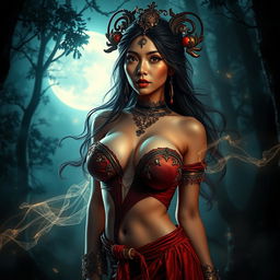 A captivating portrayal of Wewe Gombel, the Indonesian folklore ghost, depicted as a sexy and alluring figure with large breasts