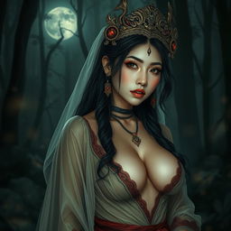 A captivating portrayal of Wewe Gombel, the Indonesian folklore ghost, depicted as a sexy and alluring figure with large breasts