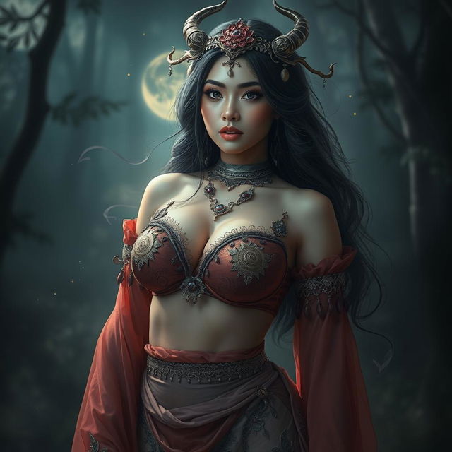 A captivating portrayal of Wewe Gombel, the Indonesian folklore ghost, depicted as a sexy and alluring figure with large breasts