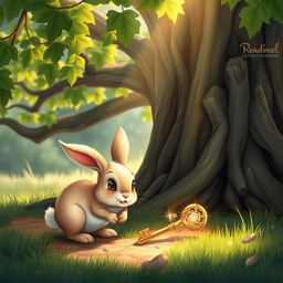 Rosie, the cute rabbit with bright eyes, is depicted discovering a sparkling, golden key lying on the ground near the base of an ancient oak tree