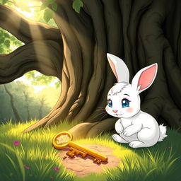 Rosie, the cute rabbit with bright eyes, is depicted discovering a sparkling, golden key lying on the ground near the base of an ancient oak tree