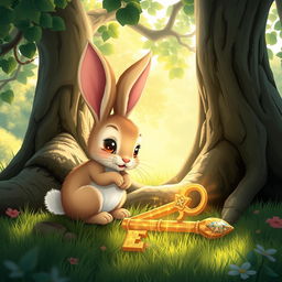Rosie, the cute rabbit with bright eyes, is depicted discovering a sparkling, golden key lying on the ground near the base of an ancient oak tree