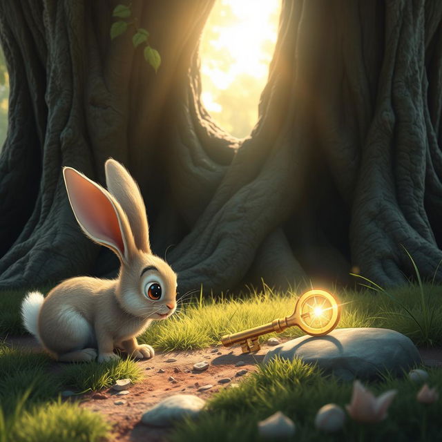 Rosie, the cute rabbit with bright eyes, is depicted discovering a sparkling, golden key lying on the ground near the base of an ancient oak tree