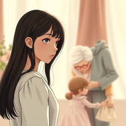 A captivating book cover illustration showcasing a teenage girl with straight hair positioned at a distance, gazing thoughtfully towards her grandmother and grandfather who are interacting with a little girl