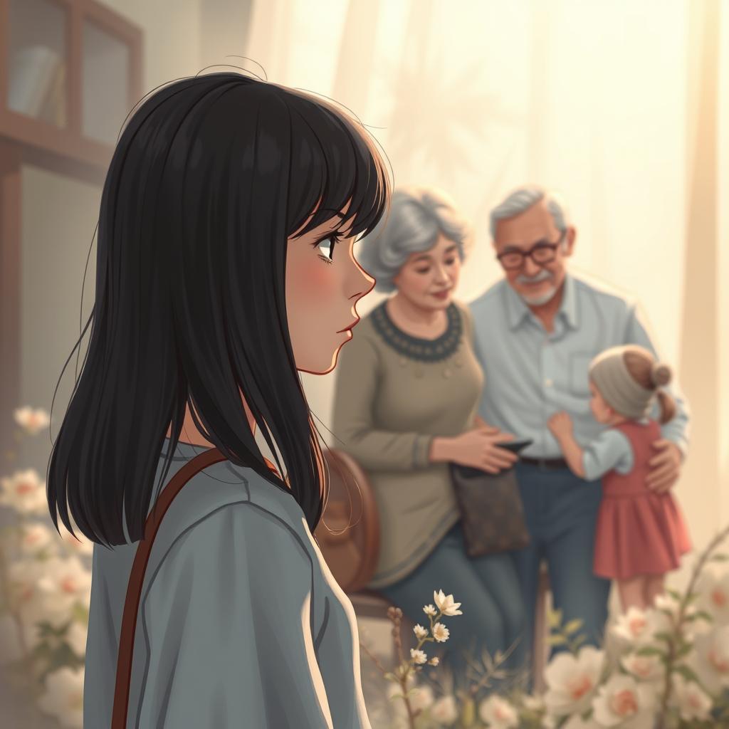 A captivating book cover illustration showcasing a teenage girl with straight hair positioned at a distance, gazing thoughtfully towards her grandmother and grandfather who are interacting with a little girl