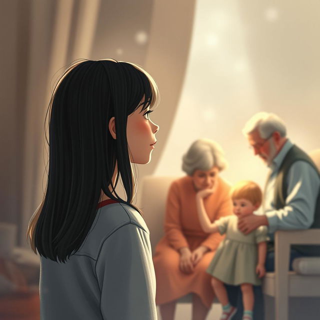 A captivating book cover illustration showcasing a teenage girl with straight hair positioned at a distance, gazing thoughtfully towards her grandmother and grandfather who are interacting with a little girl